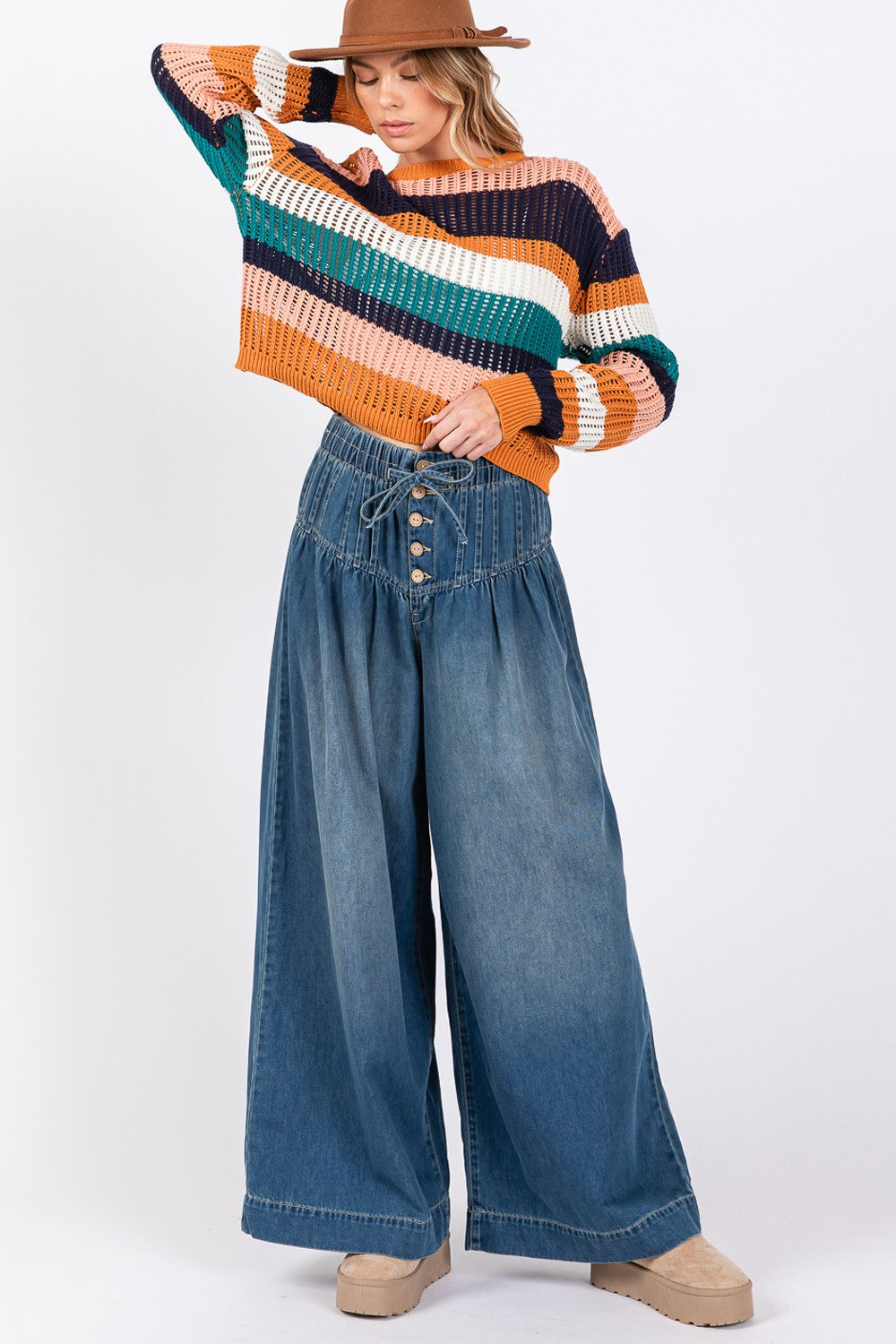 SAGE+FIG Smocked Waist Band Wide Leg Jeans Trendsi