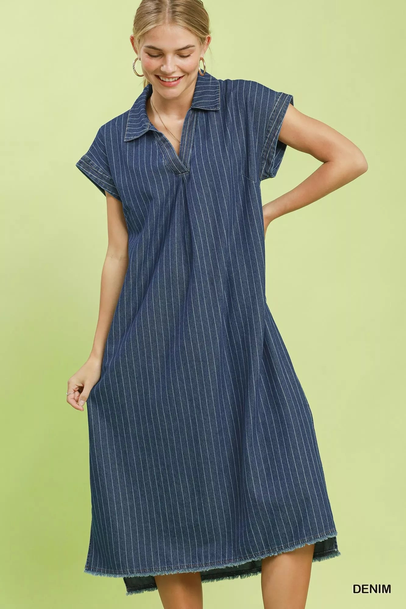 Umgee Pinstripe Denim Collared Midi Dress with Side Slits DENIM