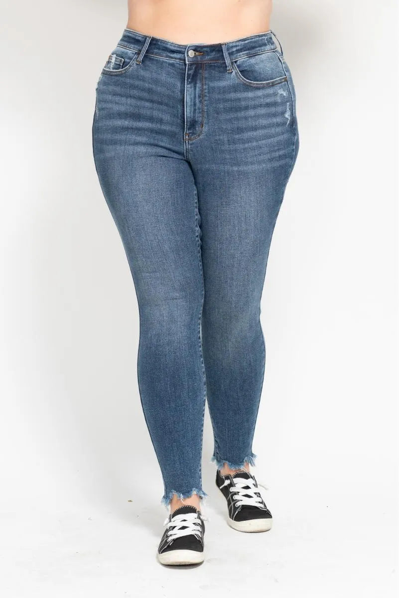 Judy Blue Plus Size High Waist Skinny with Destroy & Shark Bit Hem Medium