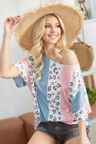 BiBi Pink and Blue Leopard Stripe Printed French Terry Oversized Top