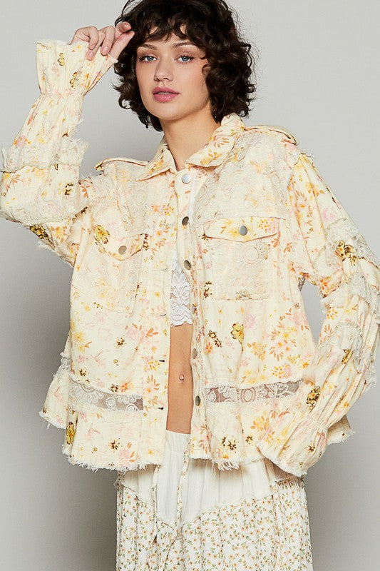 POL Raw Hem Lace Patch Flounce Sleeve Jacket