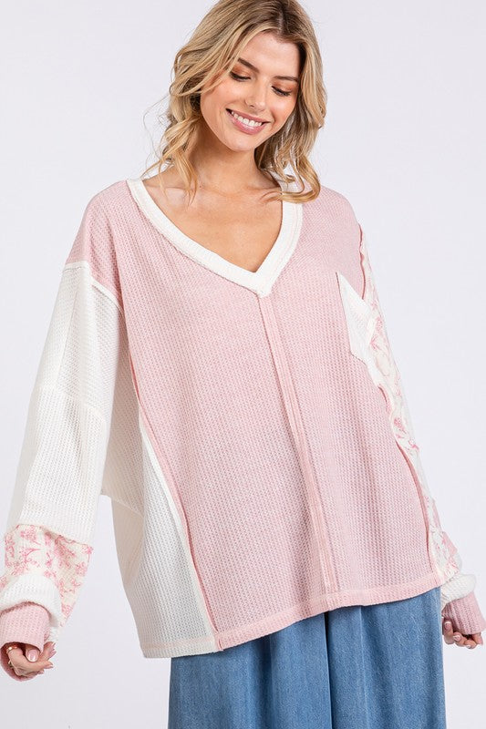 SAGE + FIG Blush Pink Floral Long Sleeve V-Neck Waffle Knit Top