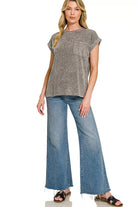 Zenana Ash Black Halo Snow Washed Cuffed Short Sleeve Tee