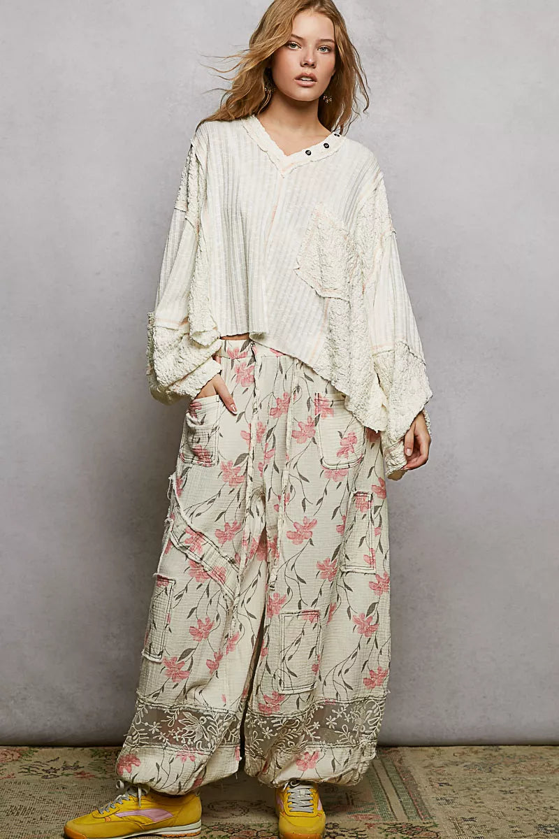 POL Off White V-Neck Long Sleeve Top with Stitch Detail