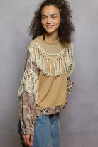 POL Mocha Cafe Contrast Floral Embroidery Balloon Sleeve Top with Tassel Trim