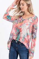 BiBi Multi Color Tie Dye V-Neck Long Sleeve Hacci Top Multicolor