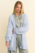 Davi & Dani Light Blue Ribbed Hem Button Up Long Sleeve Cardigan Shirts & Tops