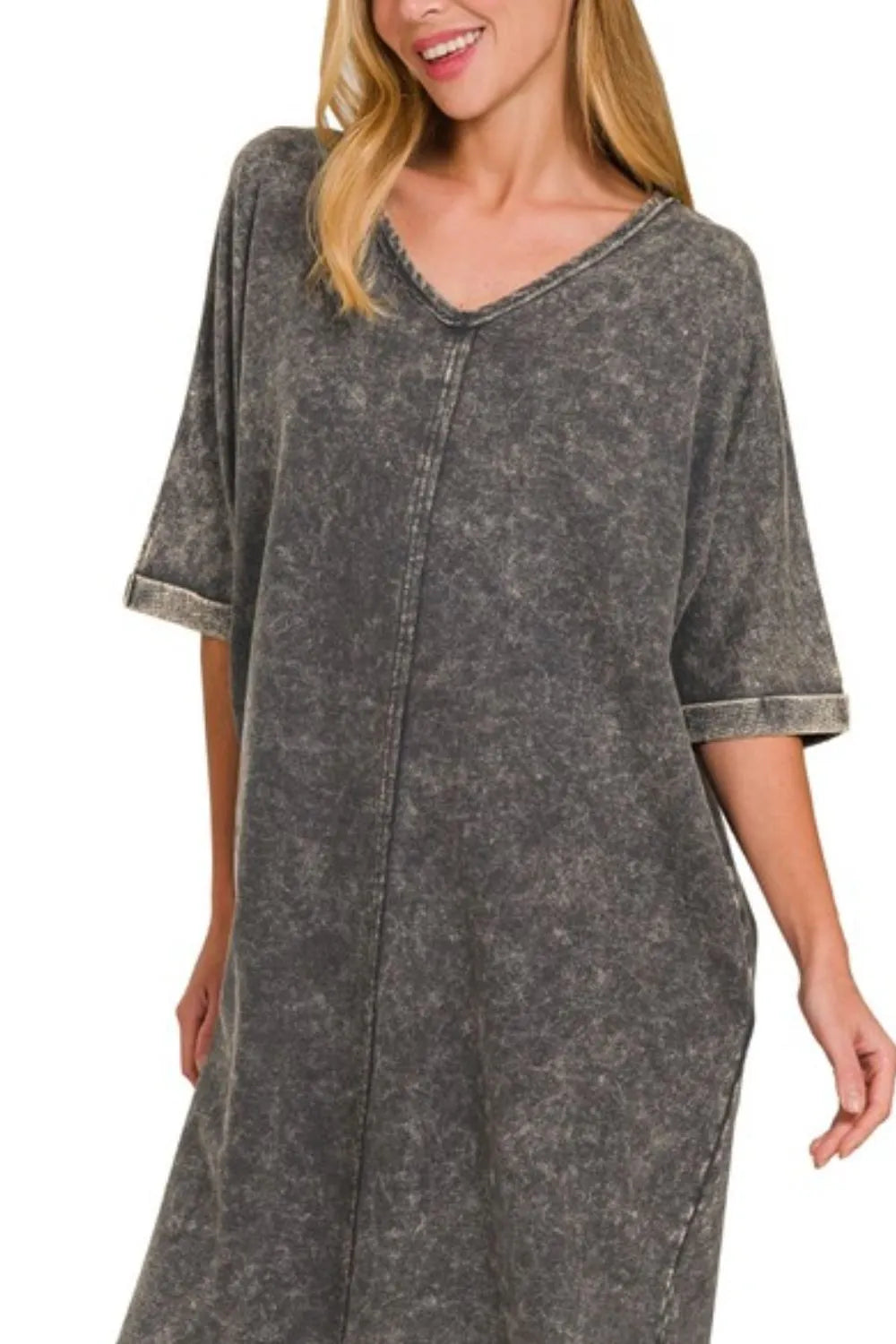 Zenana Ash Black Acid-washed French Terry Tee Shirt Dress