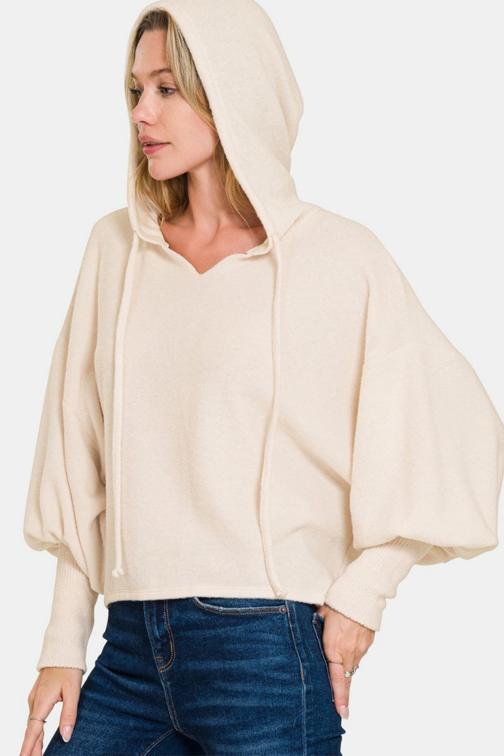 Zenana Sand Beige Brushed Hacci Drop Shoulder Cropped Hoodie Sand Beige