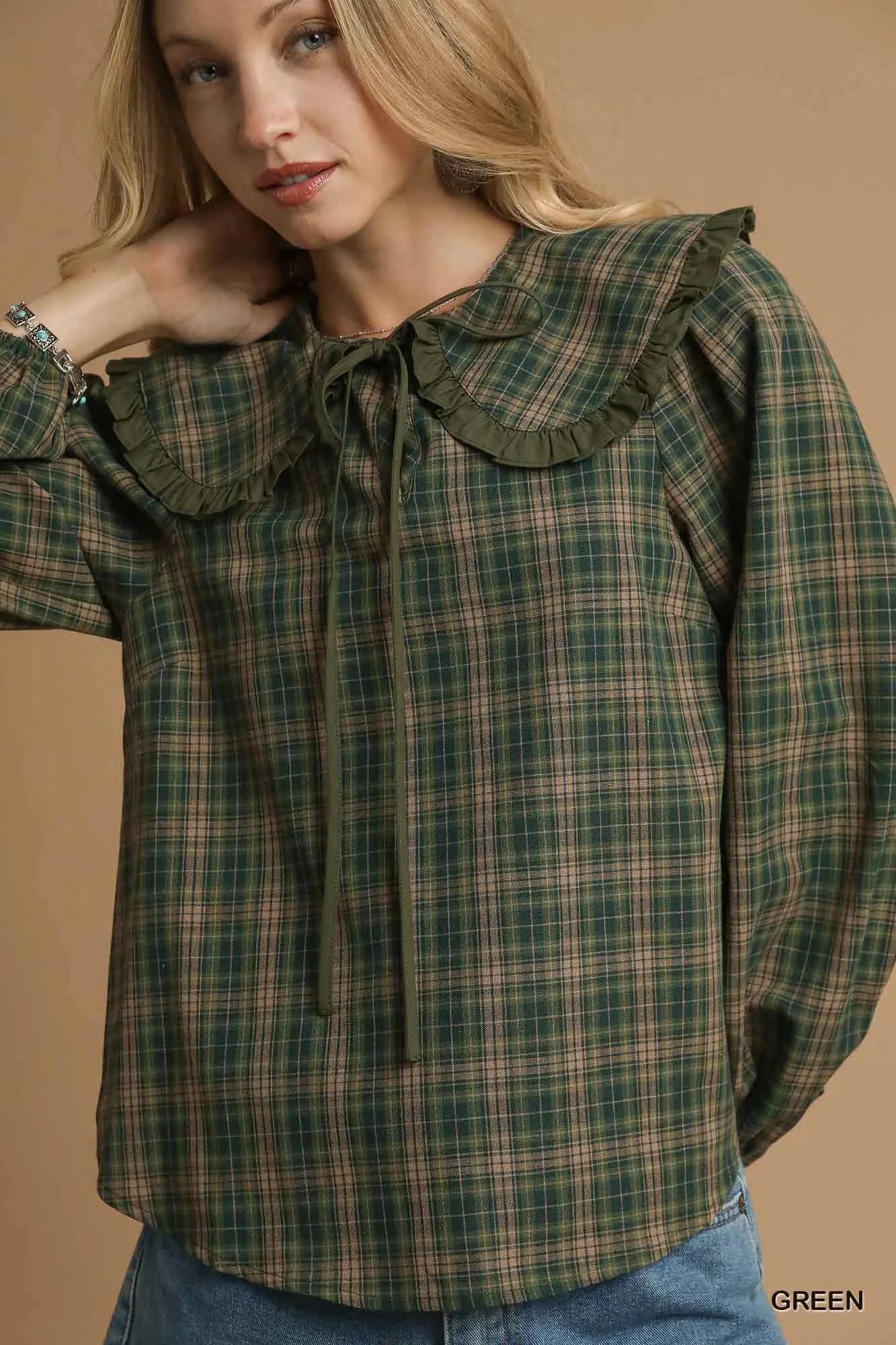 Umgee Green Plaid Ruffle Collar Blouse