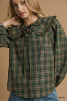 Umgee Green Plaid Ruffle Collar Blouse
