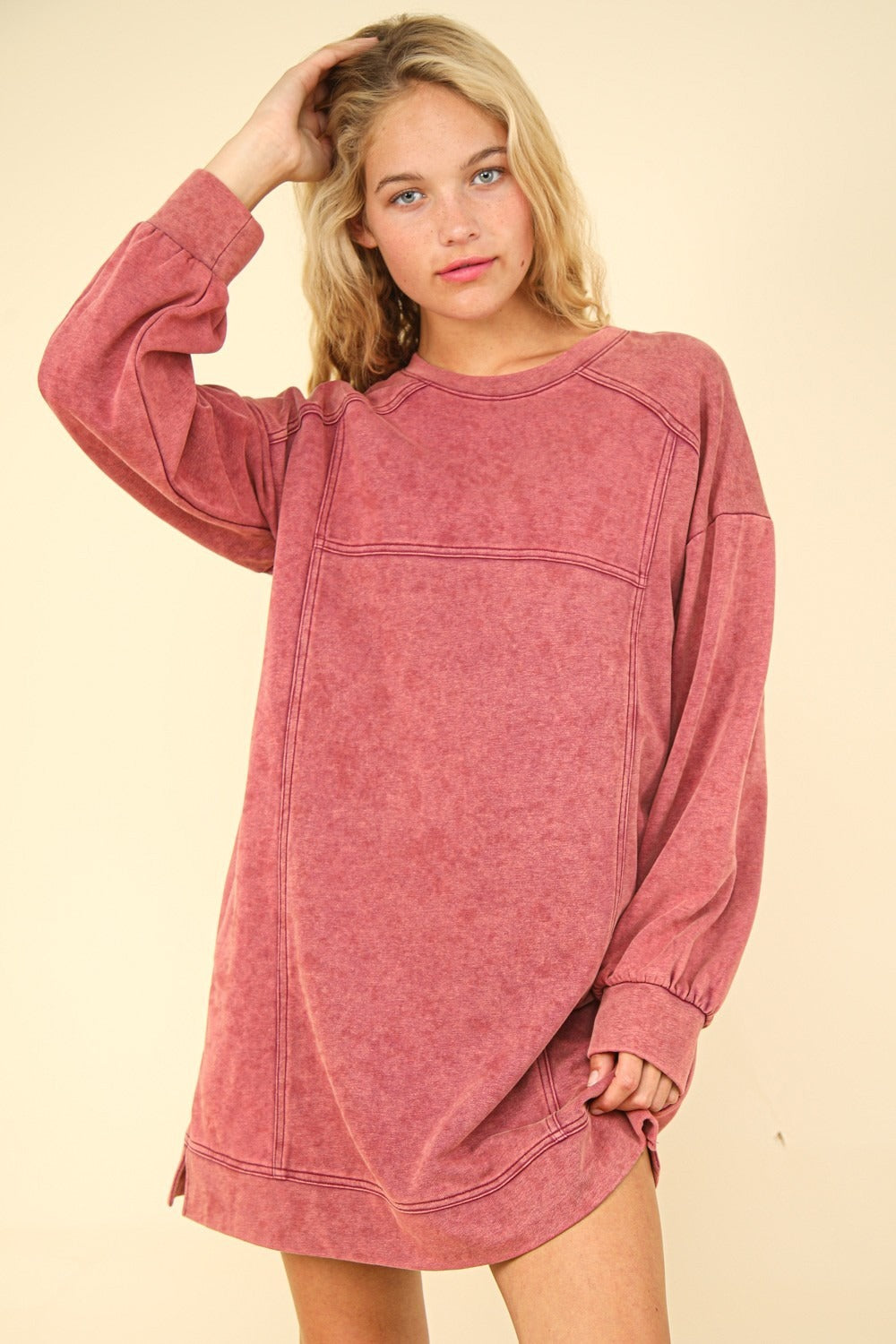 VERY J Magenta Mineral Washed Oversized Sweatshirt Mini Dress Magenta Trendsi