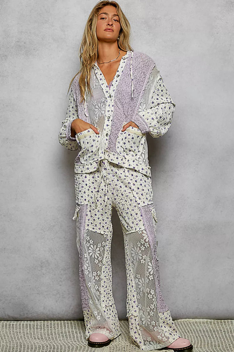 POL Lavender Floral Balloon Sleeve Hooded Lace Jacket with Stitch Detail