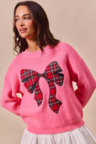 SO ME Pink Checker Plaid Ribbon Christmas Holiday Sweater PINK