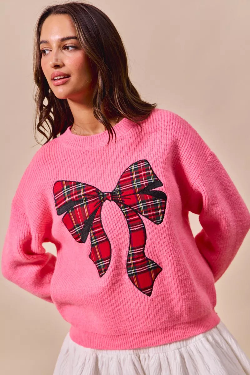 SO ME Pink Checker Plaid Ribbon Christmas Holiday Sweater PINK