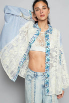 POL Blue Lace Long Sleeve Shirt with Floral and Striped Pattern