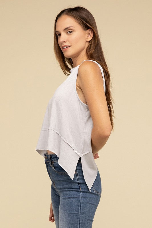 Zenana Shark Bite Side Slit Short Sleeveless Top ZENANA