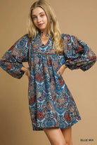 Umgee Blue Boho Mix Paisley Babydoll Dress BLUE MIX