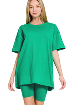 Zenana Kelly Green Cotton Round Neck Top & Biker Shorts K GREEN