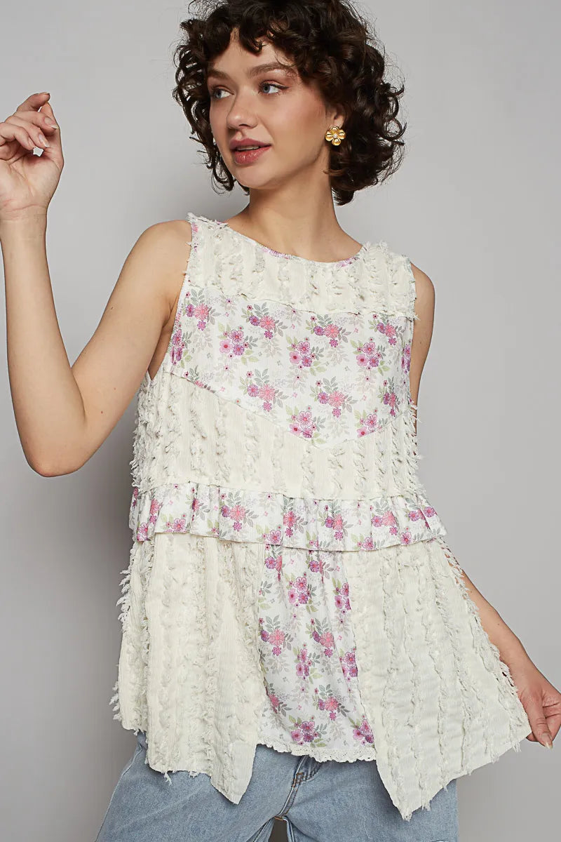 POL Ivory Floral Textured Woven Round Neck Sleeveless Blouse