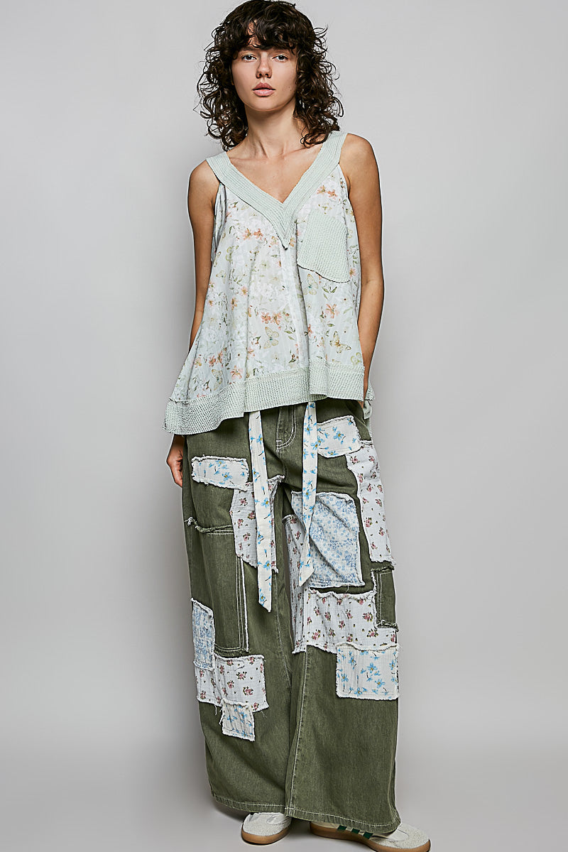POL Sage Multi Floral V-Neck Tank with Front Pocket