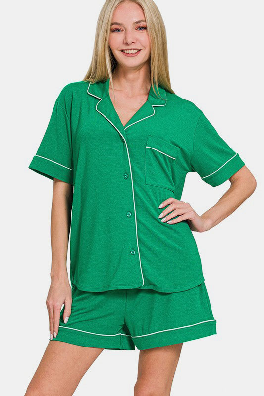 Zenana Kelly Green Button Down Short Sleeve Top and Shorts Lounge Set K Green Loungewear