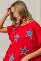 BiBi Red Beaded Stars Appliques Fourth Of July Terry T-Shirt