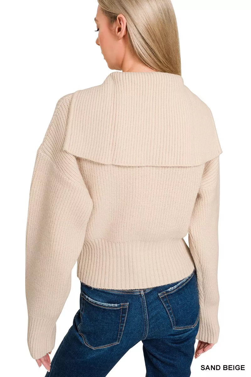 Zenana Sand Beige Ribbed Collared Zip Up Sweater Cardigan