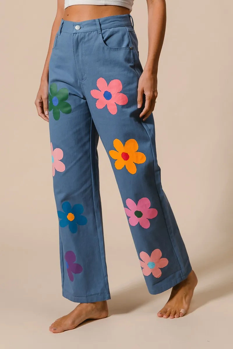 BiBi Flower Print Straight Legs Denim Pants