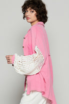 POL Fuchsia Pink Openwork Lantern Sleeve Button Down Gauze Shirt Shirts & Tops