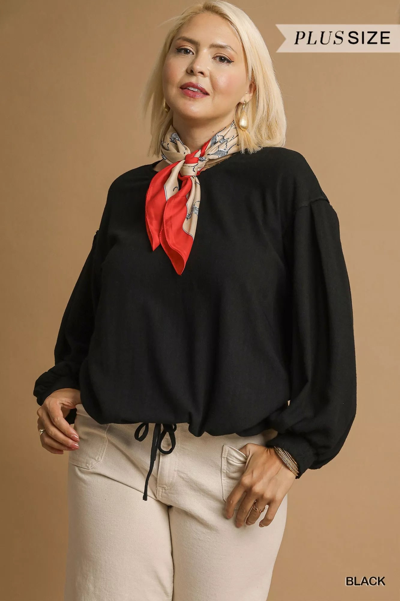 Umgee Black Linen Long Sleeve Top with Drawstring