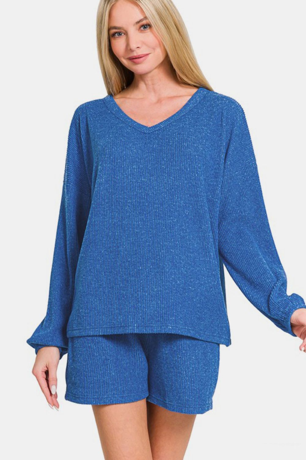 Zenana Royal Blue V-Neck Long Sleeve Ribbed Top and Shorts Set Royal Blue Loungewear