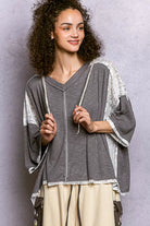POL Grey Short Sleeve Hoodie Top with Lace Detail GREY