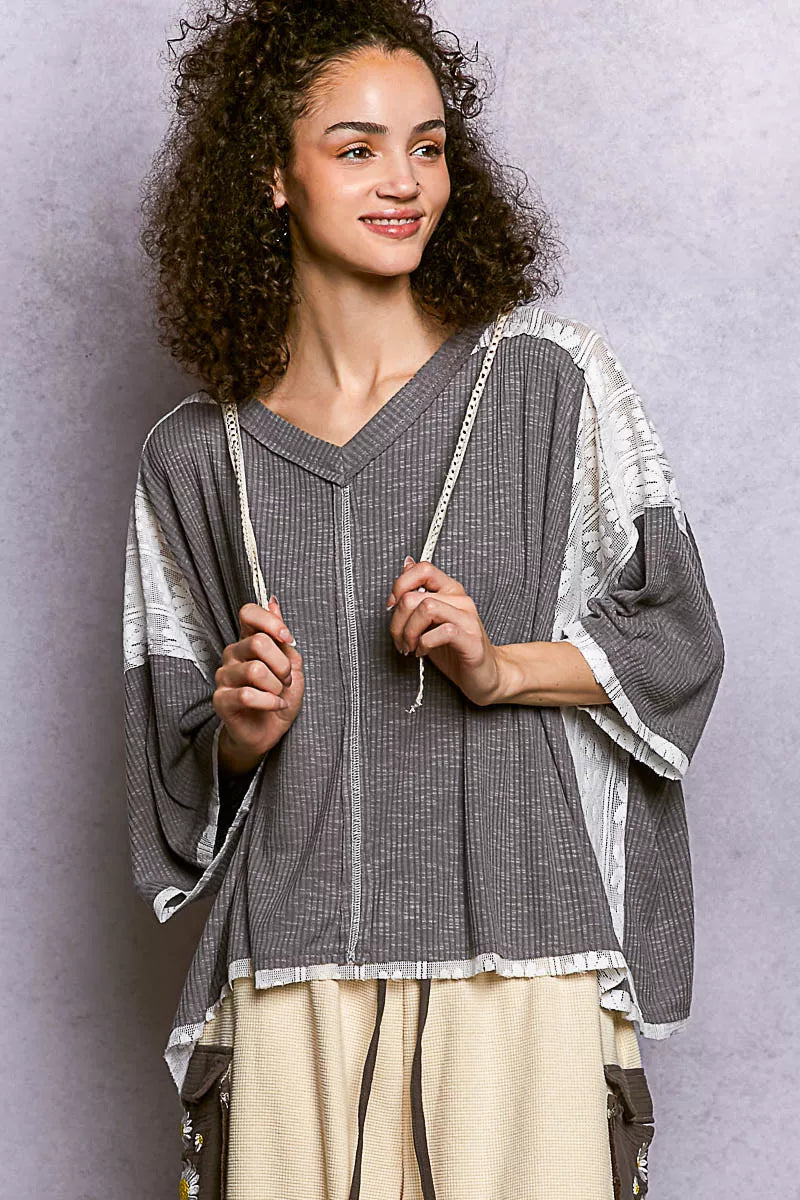 POL Grey Short Sleeve Hoodie Top with Lace Detail GREY