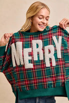 BiBi Merry Letter Patches Christmas Plaid Sweatshirt