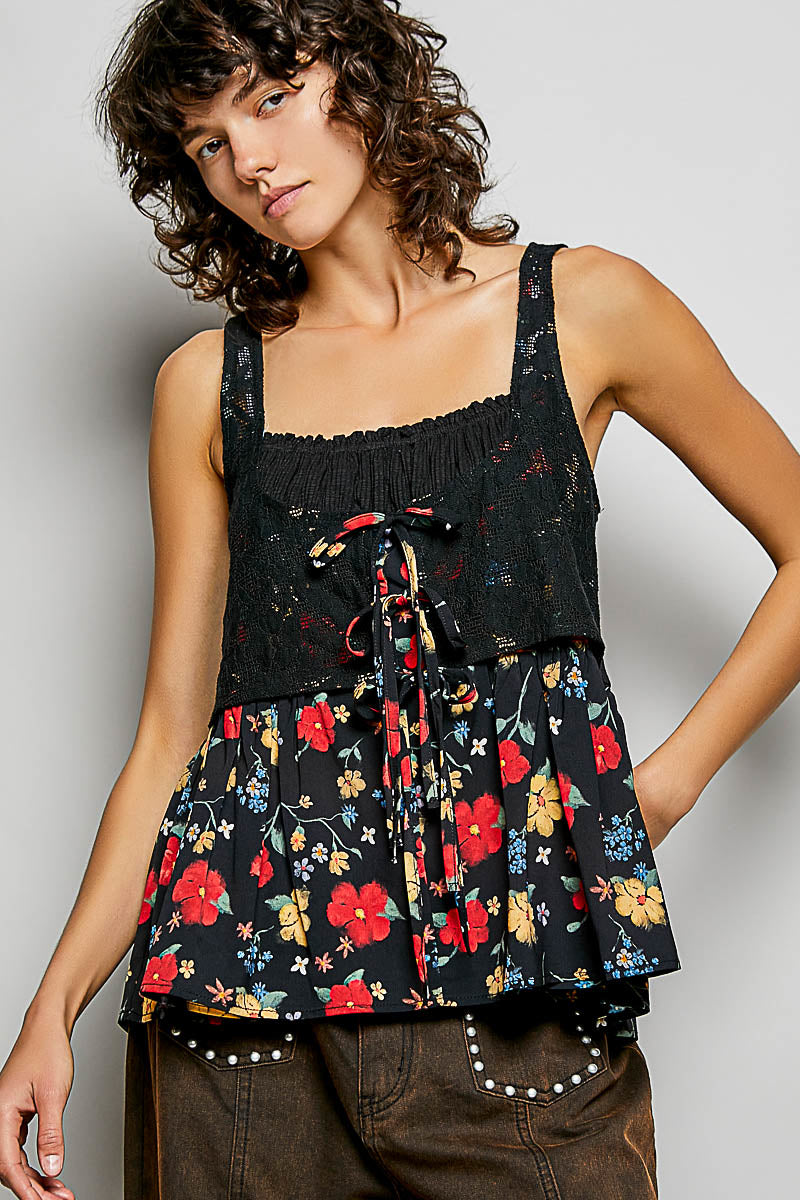 POL Black Ribbed Sleeveless Top with Lace Bust Floral Woven Patch