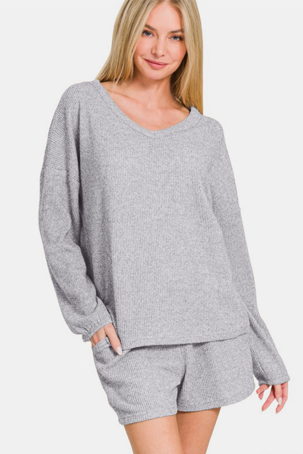 Zenana Gray V-Neck Long Sleeve Ribbed Top and Shorts Set Loungewear