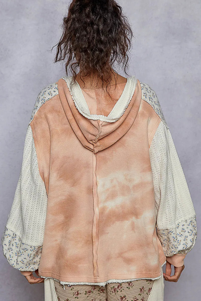POL Pink Raw Hem Washed Hoodie with Flower Patch