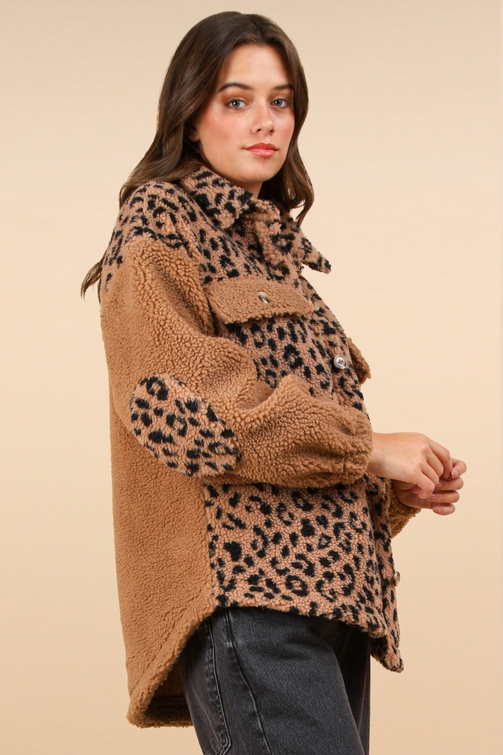 VERY J Fuzzy Leopard Button Down Long Sleeve Jacket Trendsi