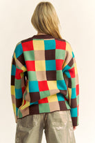 Davi & Dani Brown Multicolor Color Block Checkered Dropped Shoulder Sweater