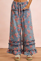 BiBi Washed Floral Denim With Ruffle Elastic Wide Pants WASHED DENIM