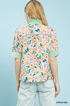 Umgee Green Mix Floral Print Jacquard Ruffle Top