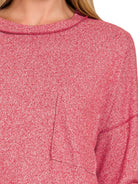 Zenana Dark Red Soft Melange Hacci Round-Neck Long Sleeve T-Shirt