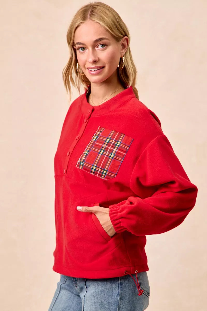 BiBi Red Christmas Theme Fleece Buttoned Top with Pockets