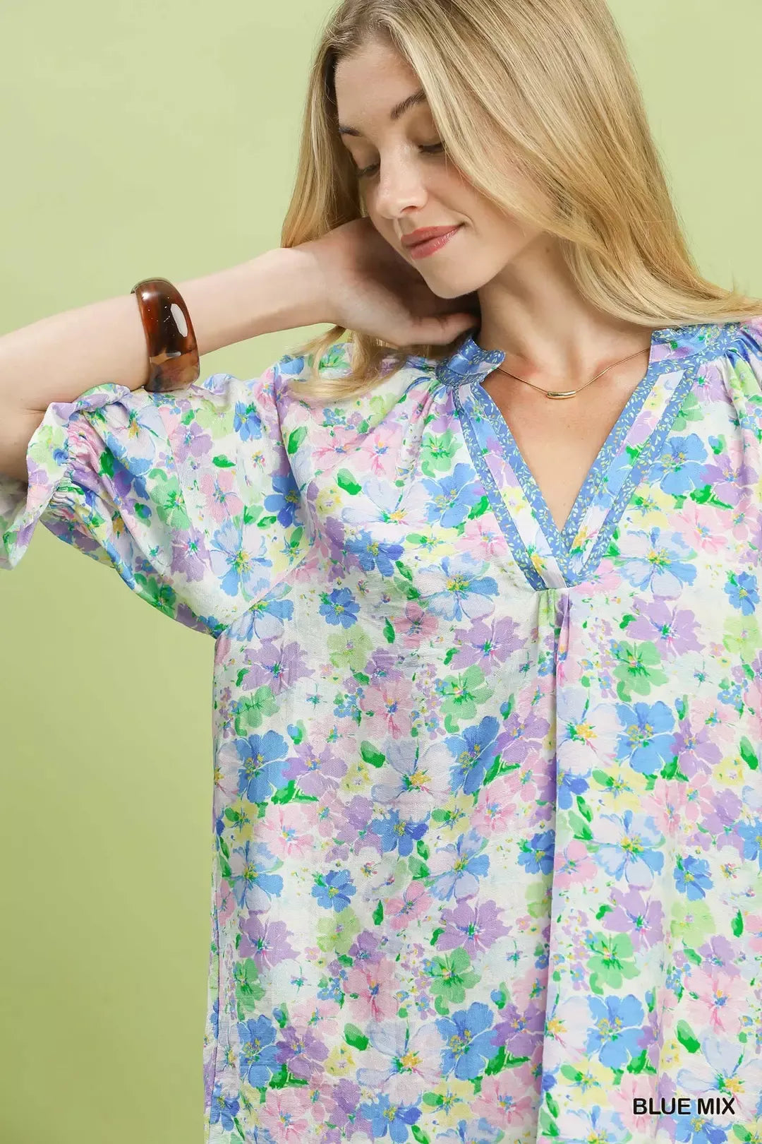Umgee Blue Mix Floral Print Ruffle Top
