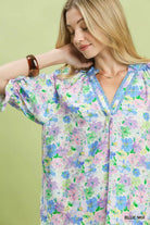 Umgee Blue Mix Floral Print Ruffle Top