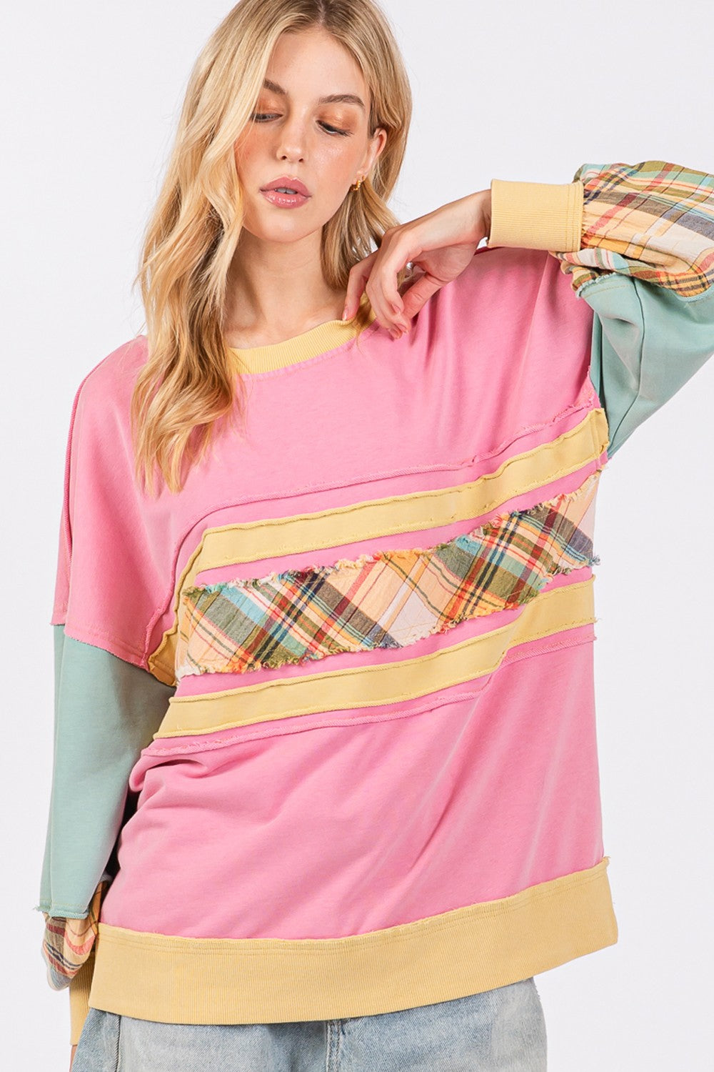 SAGE + FIG Barbie Pink Mineral Washed Raw Edge Color Block French Terry Sweatshirt Trendsi