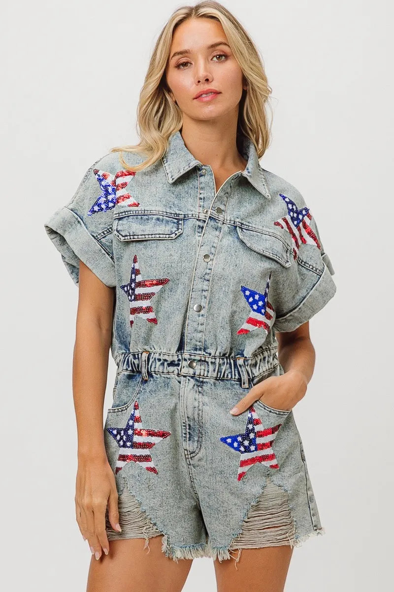 BiBi American Flag Washed Denim Romper