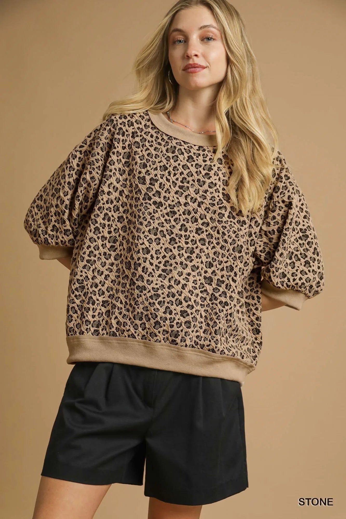 Umgee Stone Leopard Knit Jacquard Puff Sleeve Sweatshirt STONE