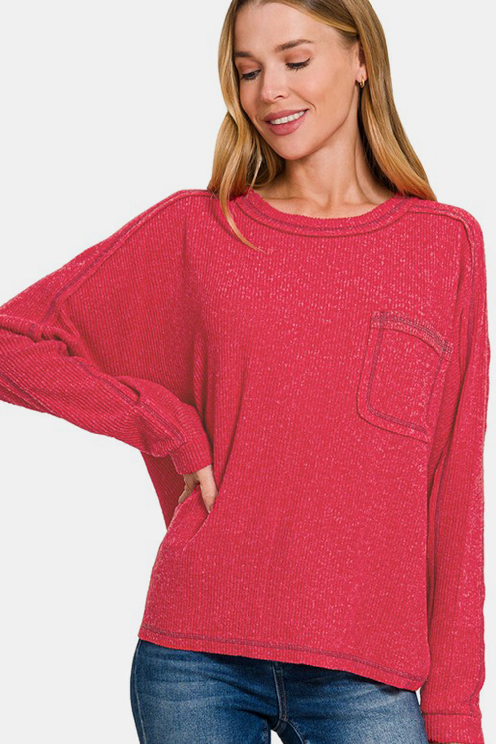 Zenana Red Contrast Stitching Brushed Ribbed Hacci Knit Top Red